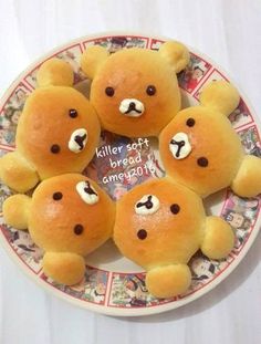 four stuffed teddy bears on a plate with the words killer soft, bready and angry