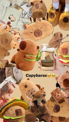 there are many stuffed animals together in this collage with captions that say, capybaras