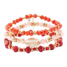 While Supplies Last. Final Sale. No Returns.      From the Beachy Coral Collection.    Sunny days call for vibrant, charming and colorful accessories  just like this beautiful, layered bracelet. A medley of complementary coral, pink and berry-hued beads are paired with goldtone and a genuine seashell accent to help you take a piece of the beach with you wherever you go. Matching necklace and earrings also available.       FEATURES     Genuine seashell and coral-colored beads    Goldtone setting Beach Coral, Seashell Bracelet, Orange Bracelet, Avon Jewelry, Coral Bracelet, Colorful Accessories, Coral Orange, Layered Bracelets, Matching Necklaces