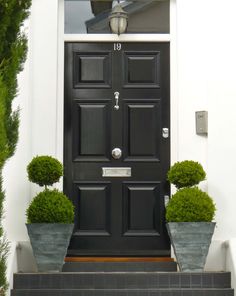 a black door with two potted plants on the front step and an email post about it