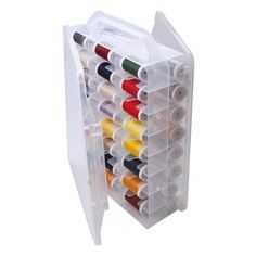 a plastic storage box filled with different colored threads