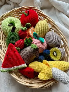 crocheted fruits and vegetables in a basket