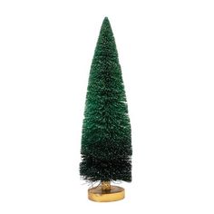 a small green christmas tree sitting on top of a wooden stand in front of a white background