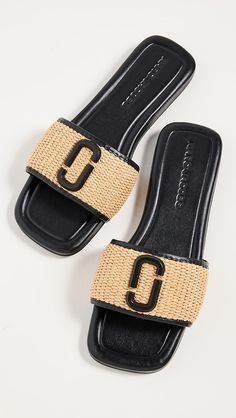 Marc Jacobs The J Marc Raffia Sandals | Shopbop Black Sandals Flat, Raffia Sandals, Marc Jacobs Shoes, Medium Tote Bag, Marc Jacobs Tote, Sandals Outfit, Logo Emblem, Woven Raffia, Jacob Black