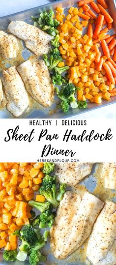 sheet pan haddock dinner with broccoli, carrots and chicken in it