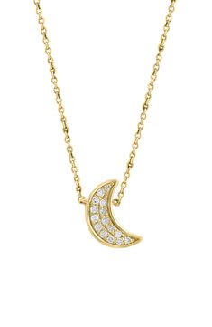 A crescent moon pendant sparkles with diamond details on a gold plated necklace with celestial vibes. 18" chain length Total diamond weight: 0.09ct. Gold plated sterling silver/diamonds Made in the USA Diamond Guide Crescent Moon Charm Diamond Necklace For Gift, Diamond Half Moon Phase Necklace, Gold Crescent Diamond Necklace With Moon Charm, Gold Crescent Diamond Necklace, Diamond Moon Necklace, Crescent Moon Pendant, Dress Indian, Diamond Guide, Moon Pendant