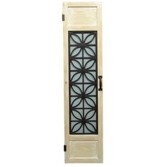 a wooden door with an iron design on the front and side panel, against a white background