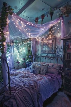 Transform Your Bedroom into a Fairy Tale Retreat with Magical Decor Ideas! Blue Green Purple Bedroom, Lavender And Blue Bedroom Ideas, Purple Fairycore Bedroom, Lavender And Dark Blue Bedroom, Beds In Nooks, Fabric Draped Ceiling Bedroom, Fairy Room Ideas Aesthetic, Blue Purple Bedroom Ideas, Blue Light Room Aesthetic