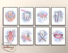 six dental art prints with flowers and toothbrushes