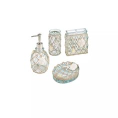 three piece bathroom set with soap dispenser, toothbrush holder and soap dish