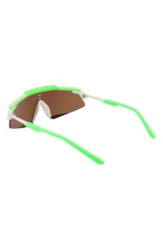 Shield sunglasses in an oversized silhouette offer sporty style with the comfort of soft nose pads and rubber-tipped temples. 66mm lens width; 14mm bridge width; 140mm temple length 100% UV protection Co-injection Imported Green Sunglasses For Summer Sports, White Sporty Sunglasses For Outdoor Activities, Green Sunglasses For Sports In Summer, White Shield Sunglasses With Uva Protection For Outdoor Activities, Optic White Sunglasses With Uva Protection For Outdoor, White Shield Sunglasses For Outdoor Activities With Uva Protection, White Functional Sunglasses For Summer, Functional White Sunglasses For Summer, Optic White Shield Sunglasses With Mirrored Lenses For Outdoor