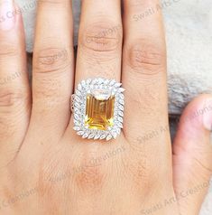 Natural Citrine And CZ Convertible Ring / Pendant, Sterling Silver, Designer Ring, Engagement Ring, Gemstone Ring, Gift This Ring can be converted to Pendant and vice versa.  Some day wear it as Ring and other day remove the band and wear it as a Big pendant 𝐒𝐩𝐞𝐜𝐢𝐟𝐢𝐜𝐚𝐭𝐢𝐨𝐧𝐬: 𝐆𝐞𝐦𝐬𝐭𝐨𝐧e:    Natural Citrine ❖ Gemstone Shape : Rectangle - 10x14 mm  ❖ Total Gemstone Weight : 8.40 Cts ❖ Gemstone Color : Yellow  Cz/Moissanite ❖ Cz/Moissanite Shape : Round  ❖ Total Cz/Moissanite Weigh Citrine Gemstone, Unique Wedding Invitations, Fine Jewelry Designers, Diamond Wedding Rings, Gemstone Colors, Free Jewelry, Citrine, Ring Designs, Ring Verlobung