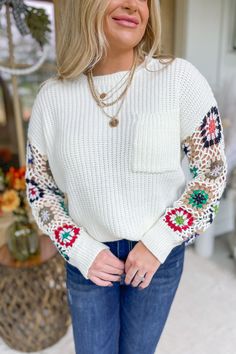 Padgett Granny Sleeve Round Neck Sweater [S-3X] - Be You Boutique Crochet Sleeves, Round Neck Design, Round Neck Sweater, Long Brown Hair, Round Neck Sweaters, Long Blonde Hair, Cozy Sweater, Fall Sweaters, Trendy Colors