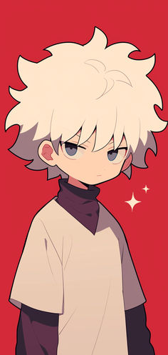 an anime character with white hair and blue eyes standing in front of a red background