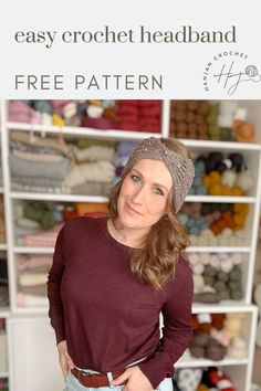 a woman standing in front of a rack of crochet headbands with text overlay that reads, easy crochet headband free pattern