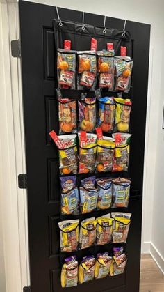 the door is open to reveal an organized pantry