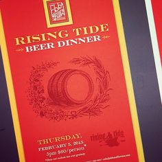 a red and yellow flyer for a beer dinner with the words rising tide beer dinner on it