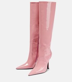 Patent Leather Knee High Boots in Pink - Blumarine | Mytheresa Trendy Patent Leather Knee-high Boots With Pointed Toe, Elegant Pink Fitted Heeled Boots, Chic Glossy Finish Boots For Parties, Chic Pink Heeled Boots For Formal Occasions, Formal Pink Pointed Toe Heeled Boots, Chic Pink Knee-high Boots, Chic Pink Knee-high Heeled Boots, Pink Pointed Toe Heeled Boots For Formal Occasions, Pink Leather Knee-high Boots