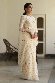 Buy Ivory Saree: Kota Print And Embroidery Floral Gule Aftab With Blouse For Women by Begum Pret Online at Aza Fashions.