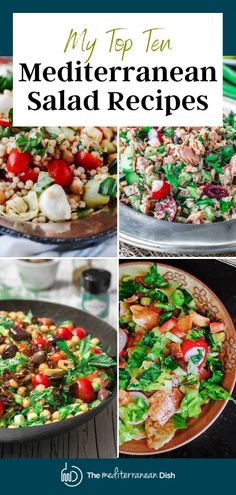 4 pictures of salads in bowls Mediterranean Salads Greek, Salad Mediterranean Recipes, Best Greek Side Dishes, Medatrainian Salad Recipes, Mediterranean Side Dishes Healthy, Mediterranean Diet Recipes Side Dishes, Mediterranean Salad With Chicken, Mediterranean Salad Recipes Healthy, Mediterranean Side Recipes