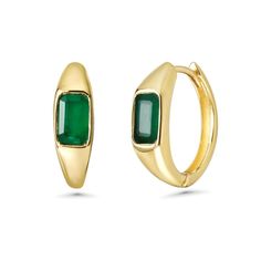 The Emerald Cut Emerald Huggies Earrings (0.80 ct.) in 14K Gold are a classic and versatile piece of jewelry that can be worn for both casual and formal occasions. These earrings feature each an emerald cut emerald set in 14 karat gold. These precious gemstones are known for their rich, deep green hue, ensuring that they capture the light with every movement. The rubies are set in a bezel setting, allowing their natural beauty to take center stage. Whether you're adding these earrings to your co Elegant Gemstone Huggie Earrings For Formal Events, Elegant Gemstone Huggie Earrings For Formal Occasions, Elegant Formal Huggie Earrings With Gemstone, Classic Gold Hoop Earrings With Gemstone, Formal Fine Jewelry Huggie Earrings With Gemstones, Classic Baguette Cut Huggie Earrings As Gift, Classic Baguette Cut Huggie Earrings For Gifts, Classic Gemstone Huggie Earrings For Gift, Elegant Green 14k Gold Huggie Earrings