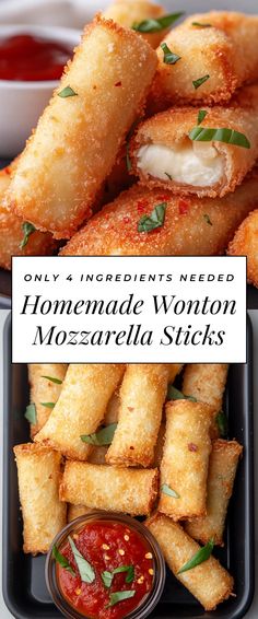 Image for Homemade Wonton Mozzarella Sticks Mozzerella Stick Recipe, Easy Homemade Mozzarella Sticks, Best Mozzarella Sticks, Wonton Appetizer Recipes, Cold Weather Dinner Ideas, Homemade Wontons, Gameday Snacks, Wonton Appetizers