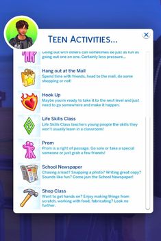 a screen shot of the teen activities page