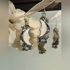 Moon Face Drop Earrings-New-Never Worn. 1.77 Inches Elegant White Crescent Earrings, Elegant White Moon Charm Earrings, Elegant White Earrings With Moon Charm, White Metal Moon Phase Jewelry, White Metal Moon-shaped Jewelry, Elegant White Moon Phase Earrings, Nickel Free White Moon-shaped Jewelry, White Handmade Moon-shaped Earrings, White Moon-shaped Earrings As Gift