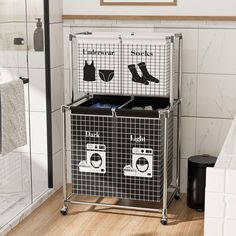 two laundry baskets sitting next to each other in a bathroom