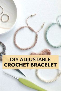 the diy adjustable crochet bracelet is next to a bowl with beads on it