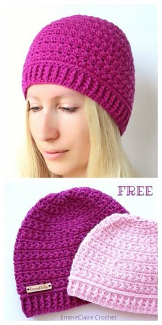 two photos of a woman wearing a crocheted hat and beanie with the same pattern