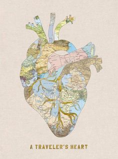 a map heart with the words traveler's heart in gold lettering on it poster