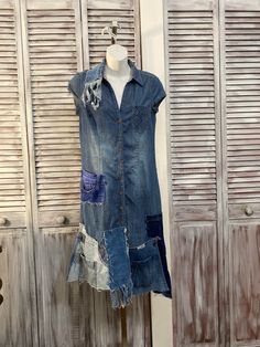 Upcycled dress in women's jeans size M unique pieces Country look dress can be worn both in summer and winter made in Quebec Canada by Lilisoleil Measure Bust 36inches Size 32 inches Hips 38 inches Length 39.5 inches Denim Blue Patchwork Knee-length Dress, Knee-length Denim Blue Patchwork Dress, Knee-length Patchwork Denim Dress, Blue Patchwork Denim Dress Knee-length, Knee-length Blue Patchwork Denim Dress, Summer Patchwork Medium Wash Denim Dress, Fitted Medium Wash Patchwork Denim Dress, Fitted Medium Wash Denim Dress With Patchwork, Summer Patchwork Dark Wash Dresses