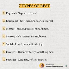 7 TYPES OF REST:    Enjoy this? ♻️ Repost it to your network and follow Benoit Malige for more.  #selfcare #selfreminder #selfdevelopment #selfimprovement #selfconfidence #selfgrowth #stressmanagement #stressmanagementtips #meditation #selfdiscovery #positivemindset #mindsetshift #selfempowerment #successmindset #quotes #mindsetiseverything #growth #growthmindset #personalgrowth #personaldevelopment #selfgrowth #personaldevelopment #mindfulness Types Of Rest, Motivational Photos, Practicing Self Love, Healthy Sleep Habits, Health And Wellness Coach, Emotional Awareness, Holistic Remedies, Health Habits, Never Stop Learning