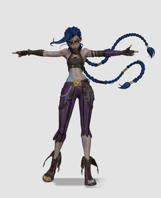 an animated woman with blue hair and braids holding her arms out to the side