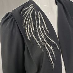 "Black blazer with sparkle glitter detail. By Boston Maid No size tag fits S/M 17\" across 21\" long 24\" sleeves" Embellished Black Blazer For Fall, Black Embellished Fall Blazer, Fall Party Blazer With Rhinestones, Long Sleeve Blazer With Rhinestones For Work, Black Blazer With Rhinestones For Parties, Party Blazer In Black With Rhinestones, Black Party Blazer With Rhinestones, Embellished Long Sleeve Party Blazer, Black Embellished Evening Blazer