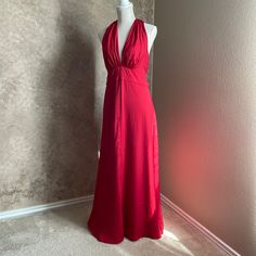 Banana Republic-10 Tall-100% Polyester Red V-neck Evening Dress For Summer, Spring Red Halter Dress For Cocktail, Red V-neck Halter Dress For Spring, Elegant Red Backless Maxi Dress, Fitted Red Halter Dress For Night Out, Red Sleeveless Halter Dress For Evening, Red V-neck Spring Evening Dress, Red Halter Dress For Summer Formal, Red Halter Dress For Summer Formal Events