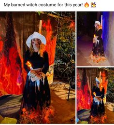 a woman dressed as a witch standing in front of a fire