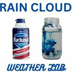 two jars with blue and red paint on them next to the words, rain cloud