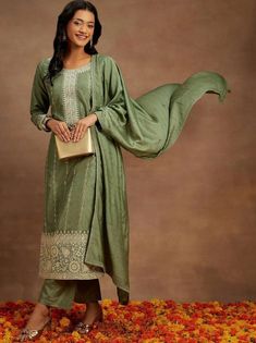 * Ethnic Motifs Embroidered Regular Sequinned Pure Silk Kurta With Trousers & Dupatta Silk Kurta Set / Pakistani Salwar Kameez / Indian Wedding Dress / Plus Size Cotton Dress / Traditional Indian Wear / Salwar Kameez Dupatta / Kurti Palazzo Set    * Green embroidered kurta with trousers with dupatta * Kurta design:,- * Ethnic motifs embroidered * Straight shape * Regular style * Round neck * Long, regular sleeves * Sequinned detail * Calf length length with straight hem * Pure silk fabric * Trou Unstitched Banarasi Silk Dress With Intricate Embroidery, Pista Green Unstitched Suit With Chikankari For Wedding, Embroidered Pista Green Traditional Wear, Green Embroidered Anarkali Set In Jamawar, Wedding Salwar Kameez In Jamawar With Straight Kurta, Green Banarasi Silk Dress With Dupatta, Fitted Slub Silk Churidar For Wedding, Embroidered Long Sleeve Fabric With Dupatta For Traditional Ceremonies, Green Embroidered Jamawar Anarkali Set