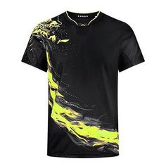 a black and yellow t - shirt with an abstract design on the chest, in front of a white background