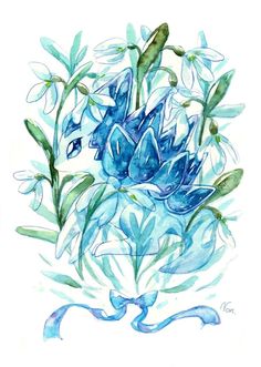 watercolor painting of blue flowers and green leaves