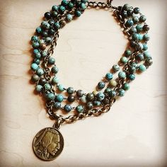 African Turquoise Collar-Length Necklace w/ Indian Coin at Bourbon Cowgirl Antique Gold Necklace, Boho Choker Necklace, Choker Necklace Online, Boho Choker, African Turquoise, Indian Head, Long Beaded Necklace, Western Jewelry, Coin Jewelry