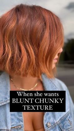 Short Same Length Haircut, Textures Short Hair, Fall Bobs Short Hair, Fall Hair Short Bob, Chin Length Bob Balayage, Copper Hair Ideas For Short Hair, Cute Short Haircuts Red Hair, Short Bob With Texture, Cowboy Copper Bob