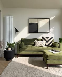 Olive Green Furniture in Neutral Living Room Green Couches, Scandi Industrial, Green Couch Living Room, Green Sofa Living, Green Sofa Living Room, Sofa Design Ideas, Green Couch, Beige Living Rooms, Green Sofa