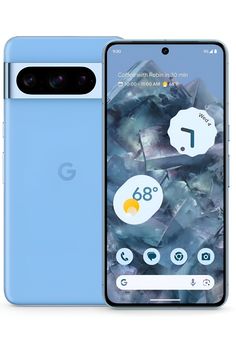 an image of the front and back side of a blue pixel case with icons on it