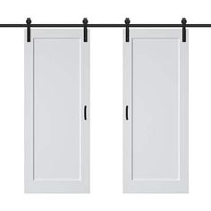 two white doors with black handles hanging on a metal bar against a white background photo