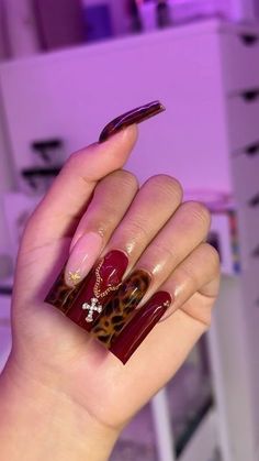 Burgundy And Cheetah Nails, Scarface Nails, Cheetah Print Duck Nails, Lipstick Shaped Nails Acrylic, Leapord Nails Acrylic, Gold Leopard Nails