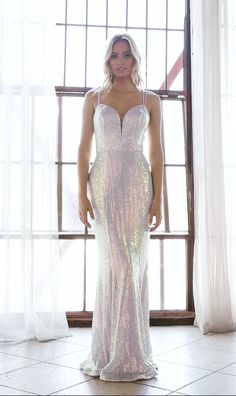 Fitted sequin gown with deep sweetheart neckline and criss cross back. Best Evening Gowns, Iridescent Gown, Royal Closet, Lavender Gown, Glitter Wedding Dress, Iridescent Dress, Opal Wedding, White Prom Dress, Taffeta Dress