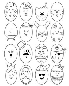 an easter egg coloring page with different types of eggs and faces in black and white